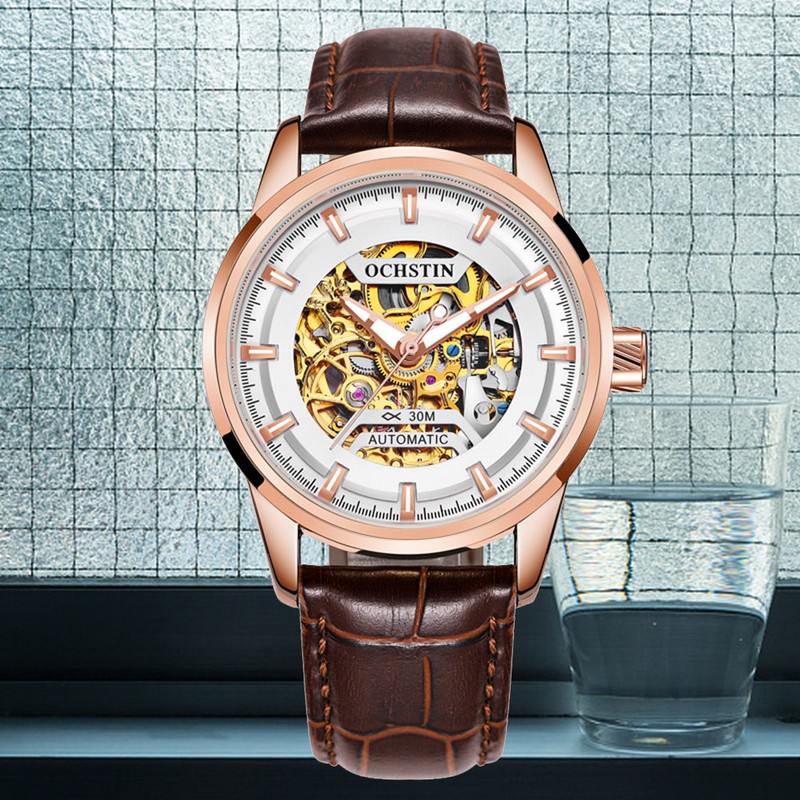 OCHSTIN Man Automatic Mechanical Watch Full Hollow True Leather Wristwatch