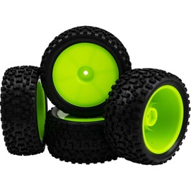 4Pack HIRCQOO OD 88mm/3.46" Front and Rear Rubber Tire Tyre & Plastic Wheel Rims 12mm Hex Hub Compatible with Redcat HPI HSP ExceedRC Kyosho Losi 1/10 Scale Off Road Buggy (Green)