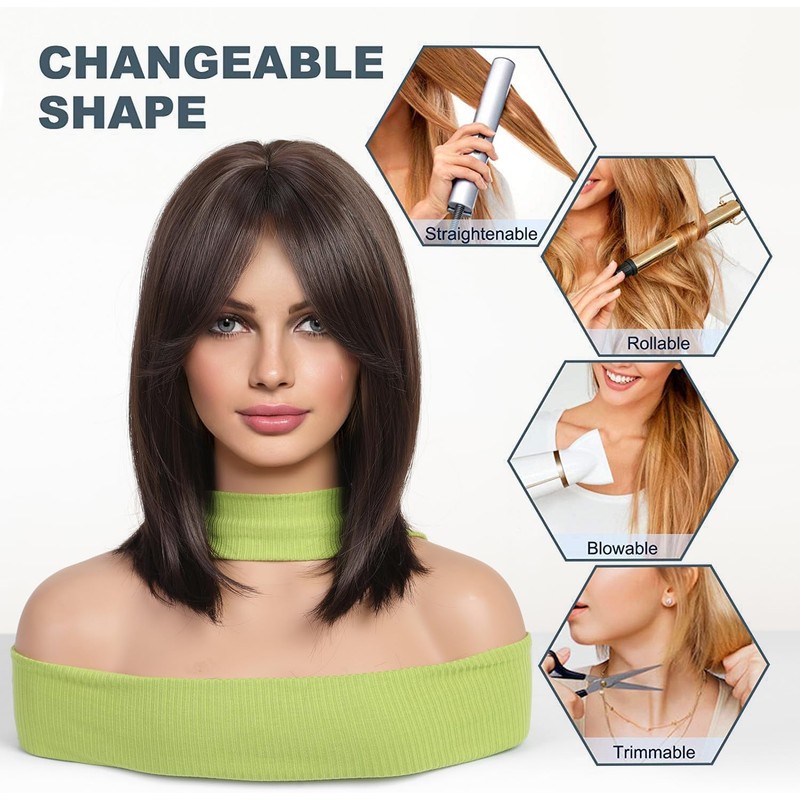 Esmee Short Straight Dark Brown Bob Wigs with Curtain Fringe