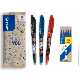 PILOT x Naruto FriXion Ball Set of 3 Ballpoint Pens Black Blue Red + 1 Set of 6 Blue Refills - Erasable Pens - Naruto Shipudden Limited Edition - Refillable Rollerball Pen - Blue -