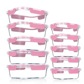 VERONES 10Pack Glass Meal Prep Containers, Airtight Glass Lunch Containers,Stackable Glass Food Storage Containers Set with Lids,Exclusive of BPA, for Microwave,Oven, Freezer&Dishwasher Friendly,Pink