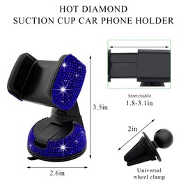 Wevdn Phone Holder for Car, 360° Rotatable Sparkling Diamond Phone Mount with Suction Cup Base, Rhinestone Phone Holder for Dashboard Air Vent Windshield, Universal Car Accessories (Royal Blue)