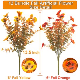 Grunyia 12 Bundles Artificial Flowers Outdoor Fake Fall Flowers for Outside Decoration UV Resistant Plastic Faux Plants for Garden Window Porch Balcony Fall Wedding Thanksgiving Decor(Mix)