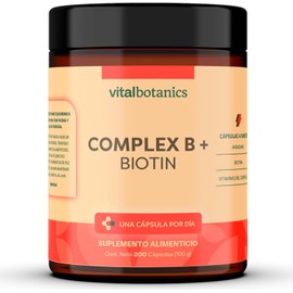 Complejo B con Vitaminas B1 B2 B3 B5 B6 B12 Biotina Niacina y Arándano - 200 Cápsulas de 500mg - Más de 6 Meses - Suplemento Multivitamínico Libre de Gluten y Aditivos - VitalBotanics