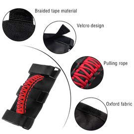 TSUGAMI Car Roll Bar Grab Handles, 2PCS UTV ATV Woven Front Rear Seat Back Hand Grips, Non Slip Auto Interior Accessories, Compatible with 1955-2023 Wrangler Gladiator Unlimited (Red)