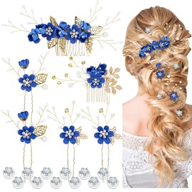 Cinaci 18 Pieces Bridal Wedding Party Prom Pearl Rhinestone Royal Blue Flower Hair Side Combs Slides+U-shaped Flower Hair Pins+Twist Spiral Hairpins Floral Headpieces for Brides Bridesmaids Women Girs