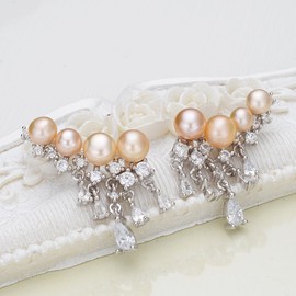 EleQueen 925 Sterling Silver CZ AAA Button Cream Freshwater Cultured Pearl Ear Crawlers Earrings 1 Pair Ivory Color (Pink)