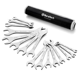 DURATECH Super-thin Open End Wrench Set, SAE(5/16" to 1-1/16") & Metric(5.5mm to 27mm), 16-Piece, Slim Spanner Wrench Set with Rolling Pouch