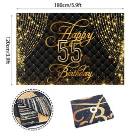 Happy 55th Birthday Banner Backdrop Royal Curtain Decorations Black Gold Background 55 Year Old Bday for Women Men Photography Party Decor Supplies