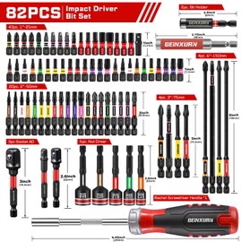 Geinxurn Impact Screwdriver Bits Set, Magnetic S2 Steel Phillips/Square/Torx/Hex 82Pieces Insert Power Bits Tips with Impact Bit Holder and Impact Nut Driver and Rachet Screwdriver Handle