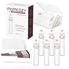 Momcozy Colector de Calostro, Colector Reutilizable de Leche Materna con Estuche y Toalla de Algodón, Contenedor Portátil Libre de BPA, Multiusos, 5ml, Paquete con 6