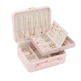 V-LAFUY Large Jewelry Travel Organizer, Large Travel Jewelry Box with Removable Jewelry Tray, 2-Layer Jewelry Boxes for Women, Pink