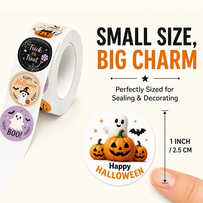 Halloween Stickers Roll 1000pcs, 2.5cm Round, 12 Spooky Patterns