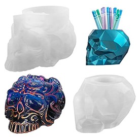 Juego de 2 moldes de resina de calavera, moldes de resina de almacenamiento 3D, moldes de resina epoxi de silicona para brocha de maquillaje, soporte para bolígrafos, caja de contenedor de