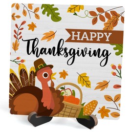 Fall Wood Plaque With Stand, Happy Thanksgiving Desk Sign Decor for Farmhouse Home Office Table Shelf, Rustic Thanksgiving Turkey Wood Sign Gifts for Women Men -06