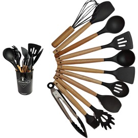 Silicone Kitchen Utensils Set, Heat Resistant Cooking Utensils Set Spatula Set Nonstick Cookware (12 pcs black)