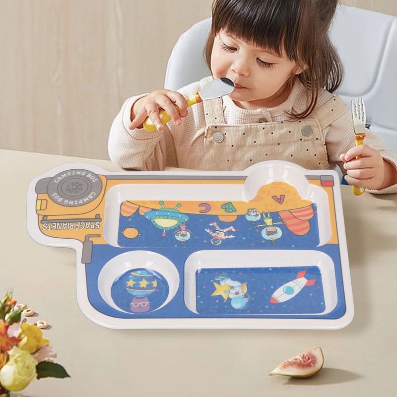 Kids Dinner Plate with Spoon Bamboo Fiber Divided Plates Cartoon