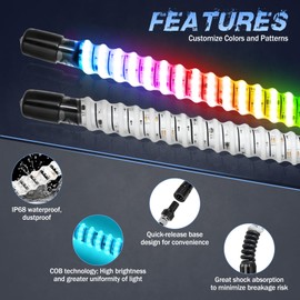 2 Pack 1FT COB LED Whip Lights, Fastchoy Auto UTV Whip Lights with App & Remote Control, Spiral RGB Chasing Lighted Whips for Side by Side UTV ATV RZR SXS Can-Am Polaris Offroad Truck
