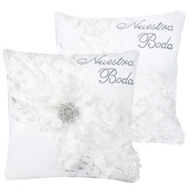 LIKEYO Set of 2 Wedding Kneeling Pillows Cover - Embroidered Nuestra Boda Kneeling Pillows, Satin and Lace Cojines Para Boda Decoracion Para Boda, Wedding Pillow 15.7 x 15.7 Inch (filler not included)