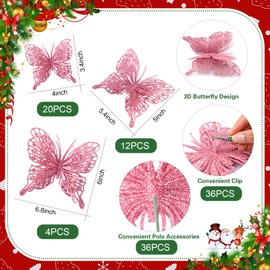 JULBEAR 36 PCS Christmas Glitter Butterfly Ornament，3 Size Pink Hollow out Butterflies Christmas Tree 3D Ornaments with Clips and Stems for Christmas Tree Wedding Wreath Party Supply(Pink)