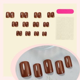 Brown Cats Eyes Press on Nails Short Square False Nails with Glossy Glitter Design Glossy Brown Fake Nails Solid Color Stick on Nails Summer Acrylic Glue on Nails for Women Girls Manicure 24Pcs
