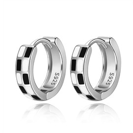 Ecripe Silver Hoop Earrings for Women, Black White Hoops Earrings, Checkered Huggie Hoops for Ladies Girls, 10mm Sleeper Earring Hoops