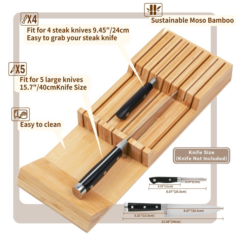 Utoplike Knife Drawer Organizer Bamboo Knives Block for Kitchen, Large