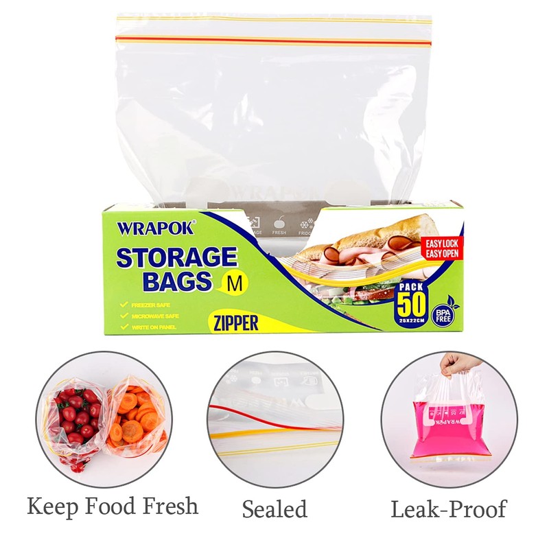 WRAPOK Medium Freezer Bags Ziplock Reusable Sandwich Plastic Food Bags