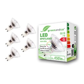 greenandco® CRI90+ LED spot replaces 60 Watt GU10 halogen spot, 7W 510 Lumen 3000K warm white SMD LED spot 36° 230V AC glass with protection glass, not dimmable, flicker free.