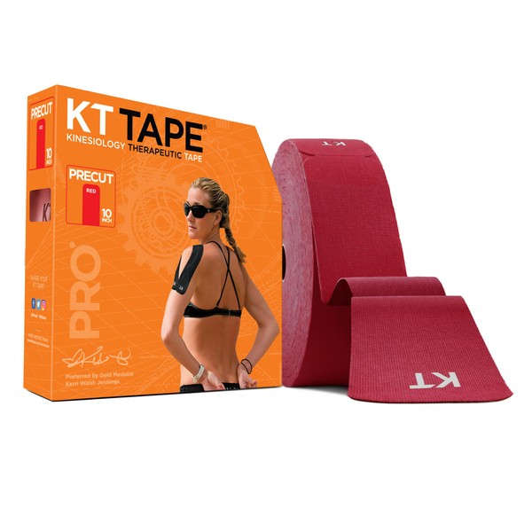 KT Tape, Pro Synthetic Elastic Kinesiology Athletic Tape, 150 Count, 10” Precut Strips, Rage Red