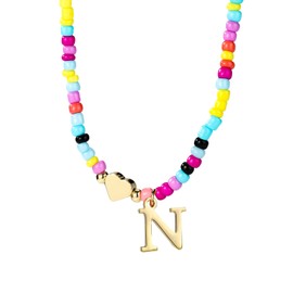 Bunte Perlen-Buchstabenkette für Frauen, Boho Buchstaben-Anhänger Halskette mit Verstellbarer Kette Modisches Alphabet-Choker Geschenk Sommer-Schmuck (N)