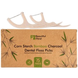 Beautiful Mind Púas de hilo dental ecológicas para limpieza de dientes, varillas de hilo dental biodegradables totalmente naturales, hilo de hilo de carbón de bambú fuerte con mango de almidón de maíz, paquete de 75 unidades