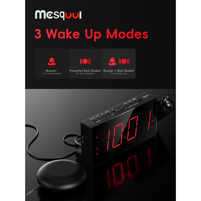Mesqool Projection Alarm Clock, Loud Vibrating Alarm Clock for Heavy