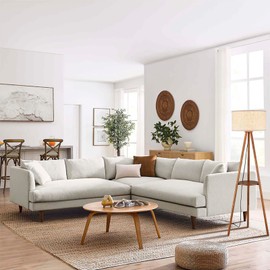 Baobab Tree Park Wood Tripod Floor Lamp with Shelves,Linen Shade Boho Farmhouse Wooden Floor lamp for Living Room, with Three Color temparature Bulb Included,footswitch,ETL Listed/Brown Wood Color