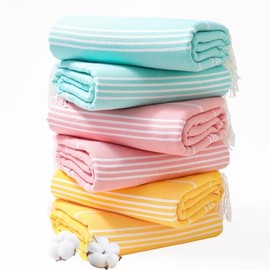 Genovega 6 Oversized Cotton Turkish Beach Bath Towel Set Bulk 74"x38" Extra Large Sand Free Quick Dry Swimming Camping Pool Clearance Towels Blanket Essentials Adult Multi Light Orange Stripes