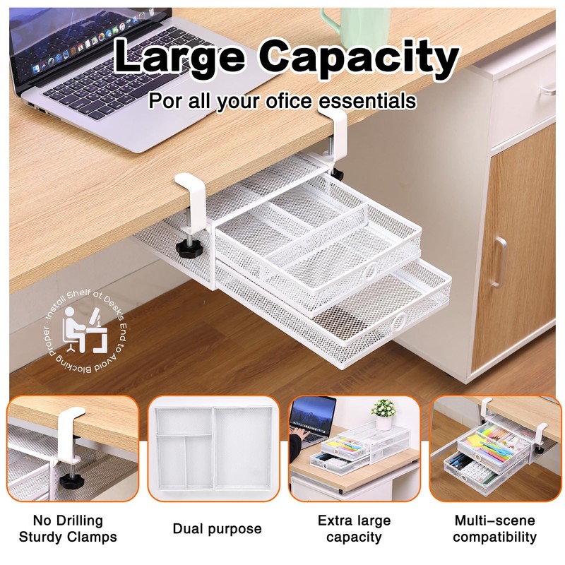 Euyona 2-Tier Clamp-On Mesh Organizer, Under Desk Storage with Slide-Out