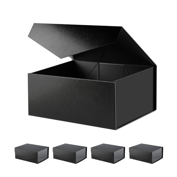 BLK&WH 5 Gift Boxes 9x6.5x3.8 Inches, Black Gift Boxes, Groomsman Boxes, Collapsible Boxes with Magnetic Closure Lids for Gift Packaging (Glossy Black with Grass Texture)