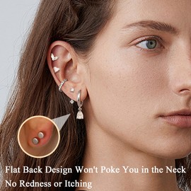 ZELORES 9 Pairs Flat Back Stud Earrings for Women Stainless Steel Helix Cartilage Stacks Hoop Stud Earring Sets for Multiple Piercing 18K Gold Plated Flat Back Earrings(Silver-Dangle)