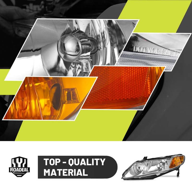 ROADEAL Headlights W/Bulbs for 2006-2011 Honda Civic 4-Door Halogen Headlamp