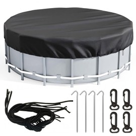 Round Pool Covers for Above Ground Pools, Round Pool Winter Cover, Oxford Fabric Round Hot Tub Cover with Fixing Accessories, Rope, Ground Nails, Waterproof, Windproof Dustproof (Black, 18FT)