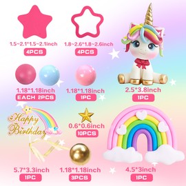 29 PCS Unicorn Cake Topper, Unicorn Rainbow Cake Decorations with Rainbow Stars Unicorn Balls Happy Birthday Cake Decorations for Boys Girls Kids Birthday Party Baby Shower Supplies (Star)