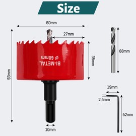 Yeepeo Yeepeo Lochs?ge 60mm, Universal HSS M42 Bi-Metall Lochs?gen, Lochkreiss?ge mit Sechskant-Schaft und Bohrer Lochbohrer Set Bohrkrone fr Holz, Rigips, Trockenbau, Kunststoffe, 1 Stck Rot