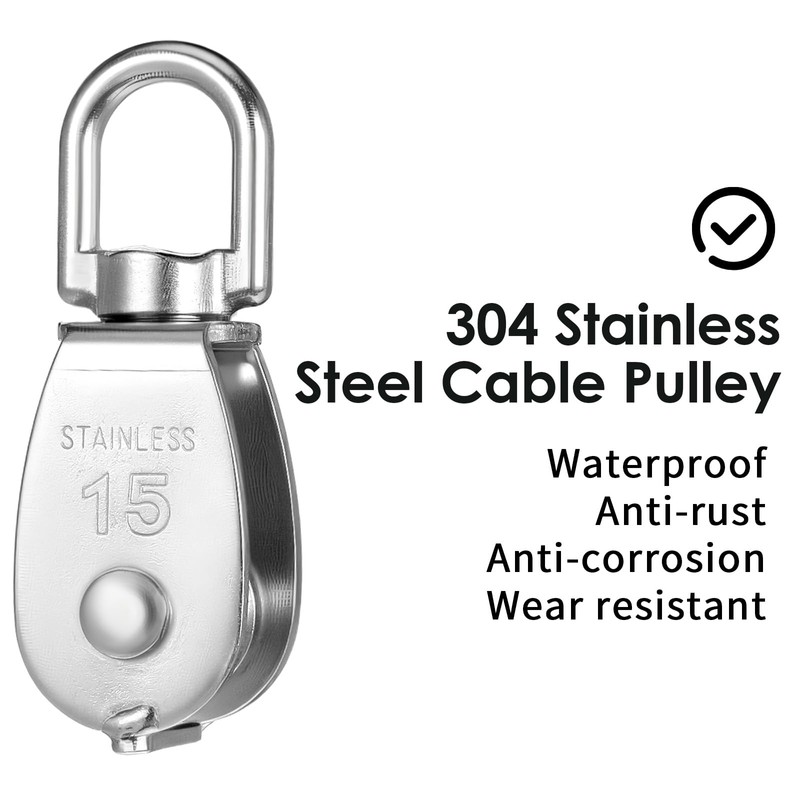 12 Pack M15 Pulleys for Rope, 304 Stainless Steel Wire