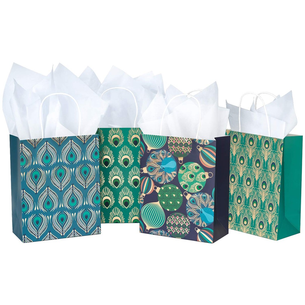 WRAPAHOLIC Medium Size Gift Bags - 12 Pack Gold Foil Peacock Feathers Paper Bags with White Tissue Paper for Christmas, Party, Celebrating - 8" x 4" x 10"