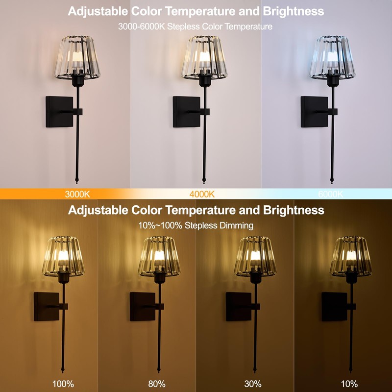 Battery Operated Crystal Wall Sconces Set of 2,Black Rechargeable Wireless
