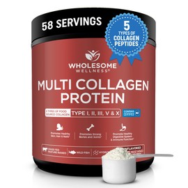 Wholesome Wellness Multi Collagen Protein Powder Hydrolyzed (Type I II III V X) Grass-Fed All-in-One Super Bone Broth + Peptides - Premium Blend of Beef, Chicken, Wild Fish, Eggshell, 58 Servings