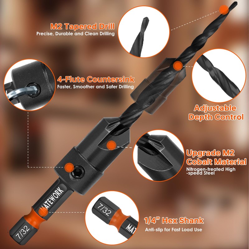 Countersink Drill Bit Set, 15PCS M2 Cobalt HSS Woodworking Tool