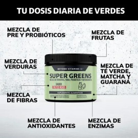 Super Greens, Jugo Verde, Matcha, Espirulina, Té Verde, Espinaca, Clorofila, Moringa, Melena de León, Enzimas Digestivas (Digestive Enzymes Fibra), Probióticos | Super Blend Sabor Frutos Rojos | Bloom