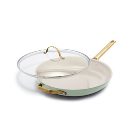 GreenPan Hard Anodized Healthy Ceramic Nonstick 12" Frying Pan Skillet with Helper Handle and Lid, Gold Handle, PFAS-Free, Dishwasher Safe, Oven Safe, Julep Green