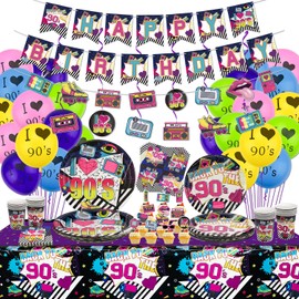 90s Party Supplies - Back to the 90s Party Decorations Set Including HAPPY BIRTHDAY Banner, Hanging Swirls, 90s Element Bunting, Plates, Cups, Napkins, Tableware, Tablecloth, Balloons - Serves 20 (B)